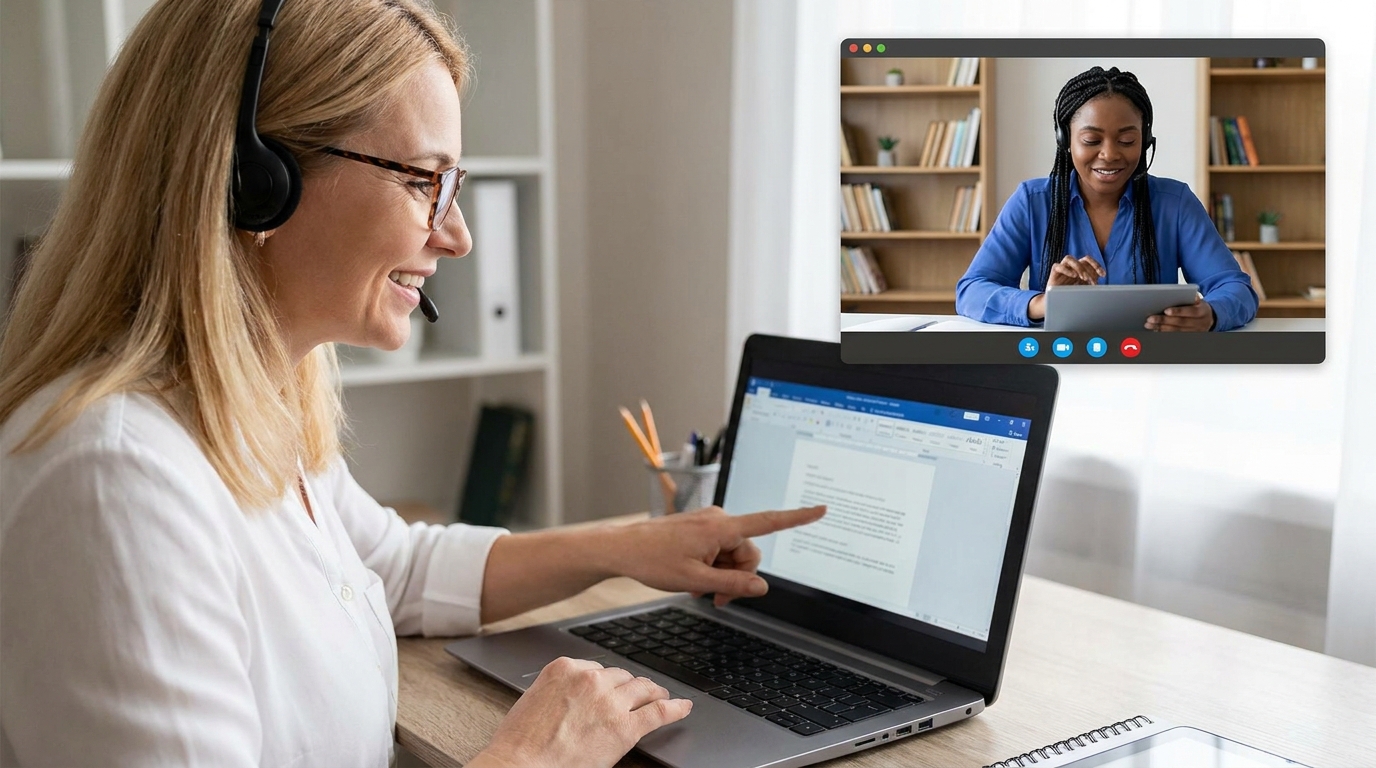 Two teachers collaborating online via video call on a laptop